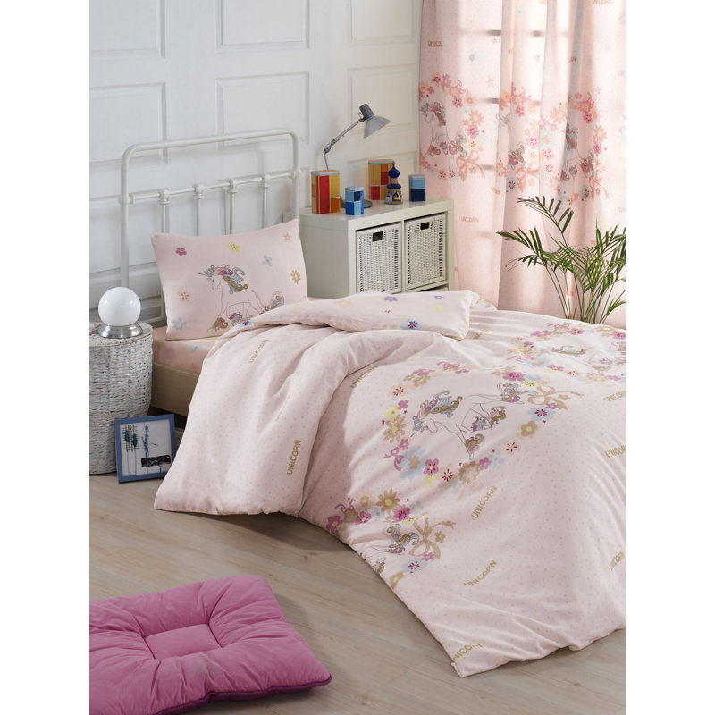 Ensemble de housse de couette en mélange de coton rose / beige Ines, Housse de couette 61 po x 79 po + 1 taie d'oreille