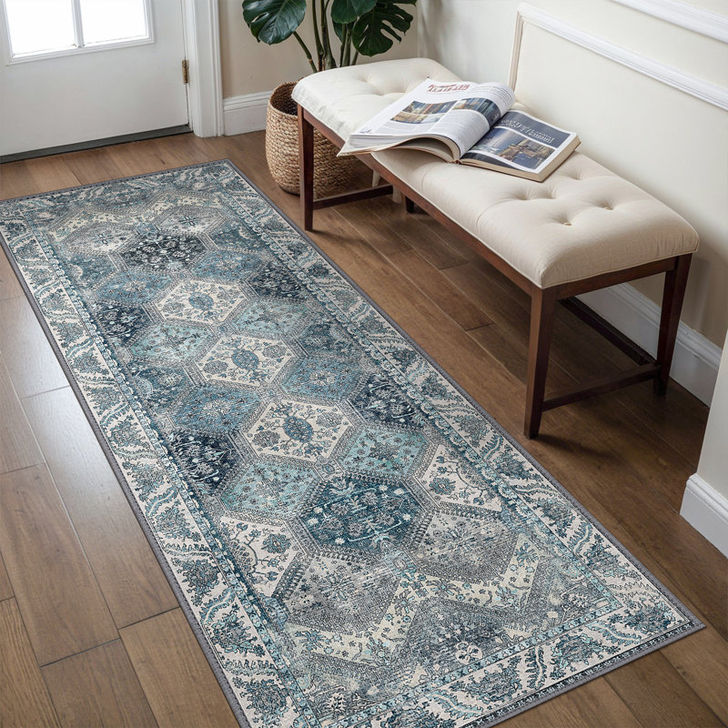 Blue /Ivory Performance Machine Washable Non-slip Area Rugs, Rectangle 2' x 10'