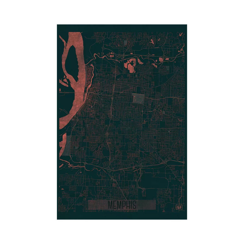 Memphis Infrared Urban Blueprint Map 1 Piece Wrapped Canvas Wall Art, 152.5 cm H x 101.5 cm W