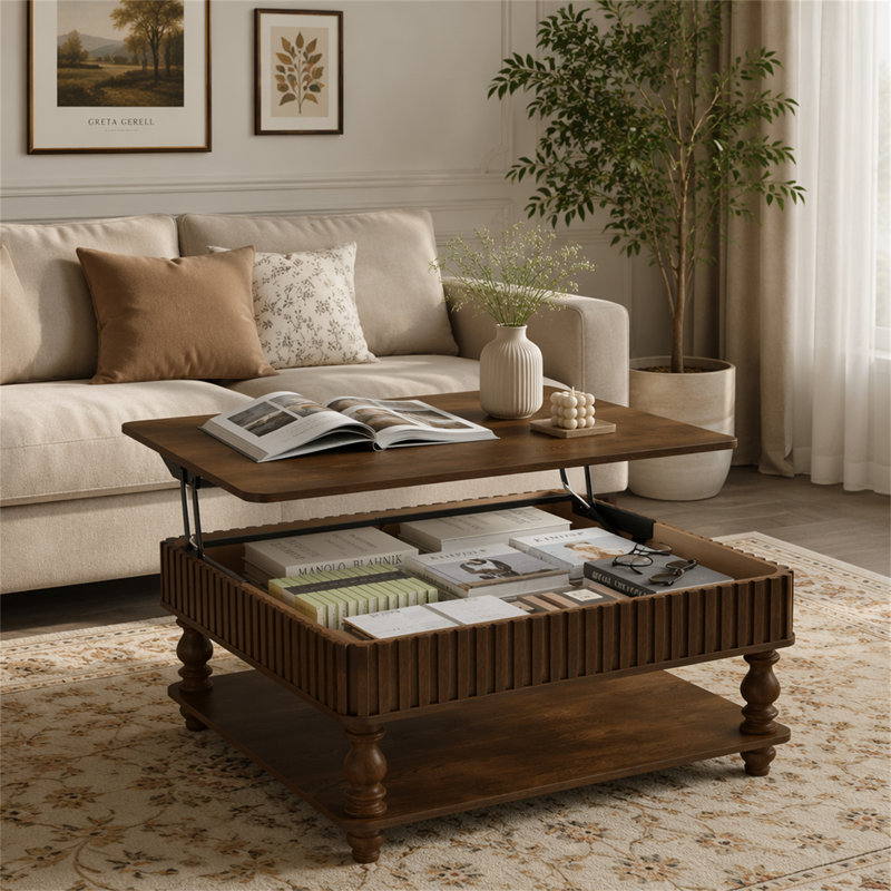 Table basse à plateau relevable cannelé 31,5 pouces avec rangement ouvert et caché, Noyer brun