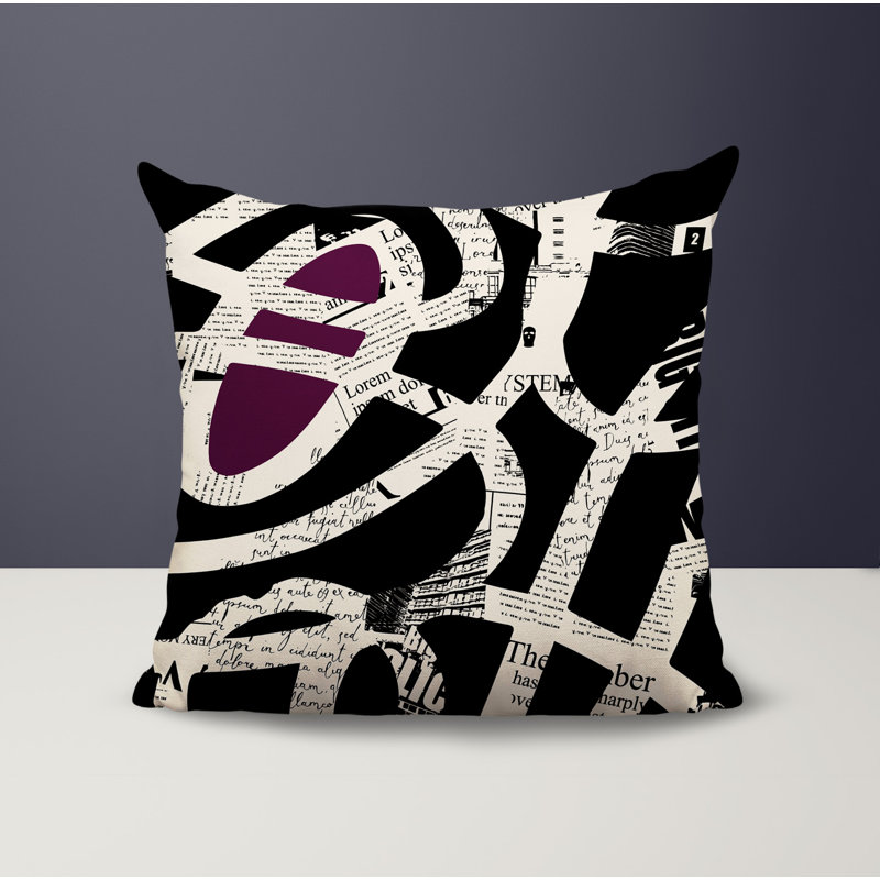 Oreiller carré réversible intérieur / extérieur Kaya, H 19 po x l 19 po, Mauve / noir / blanc cassé abstrait