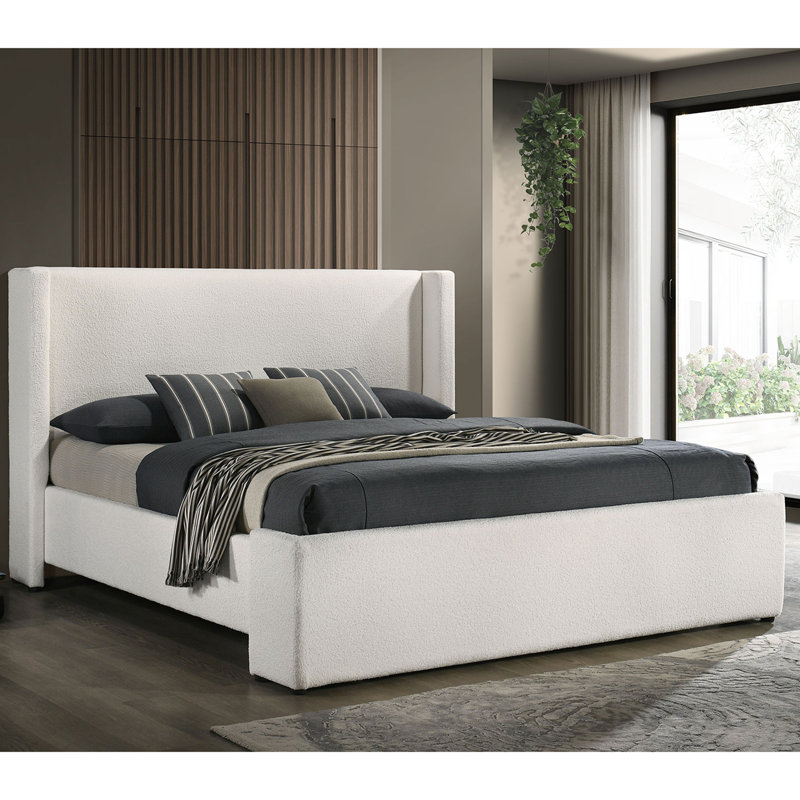 White Upholstered Eastern King Platform Bed
