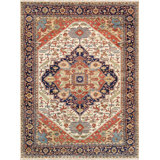 Canvello Serapi Hand-Knotted Ivory/Navy Wool Runner Rug-10' X 13'11"