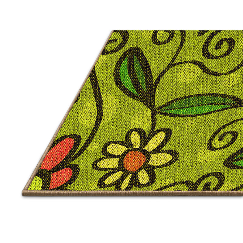 Tapis vert à motif floral, Rectangle 2 pi x 3 pi