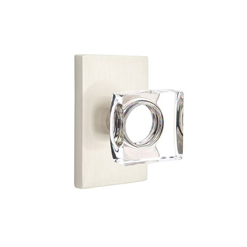 Ensemble de faux boutons Emtek avec rosette rectangulaire moderne et bouton carré en verre moderne, Nickel satiné