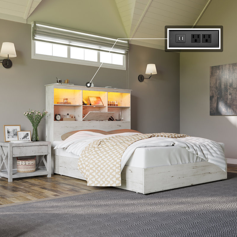 Base de lit pour grand lit avec rangement à DEL 51,2 po Bilal, 4 tiroirs de rangement, blanc vieilli, Grand, Blanc vieilli
