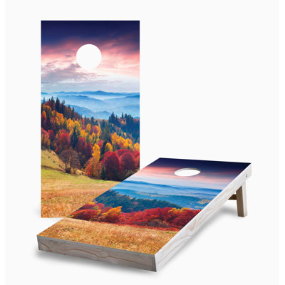 Ensemble de jeu de cornhole 2 x 4 Sunrise Autumn Mountains | Comprend (2) planches (8) sacs et accessoires optionnels