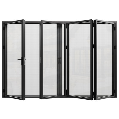 Black aluminum 4-panel bifold patio door with integrated screen mesh