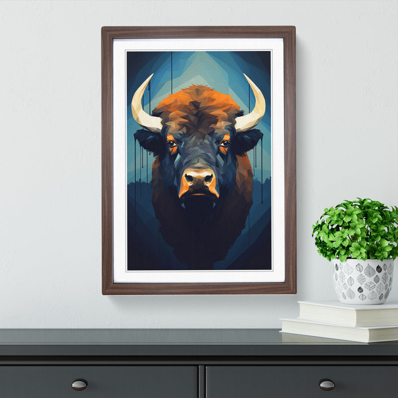 Buffalo Minimalism - Single Picture Frame Print on Wood, Walnut , 46cm H x 34cm W x 2cm D