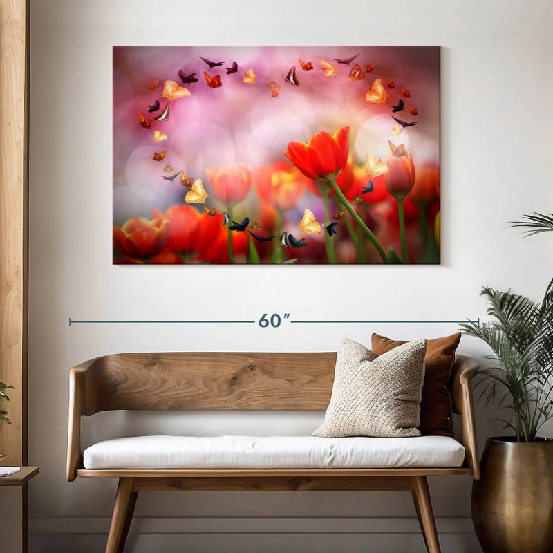 Hardie, tulipes et papillons, H 32 po x l 48 po