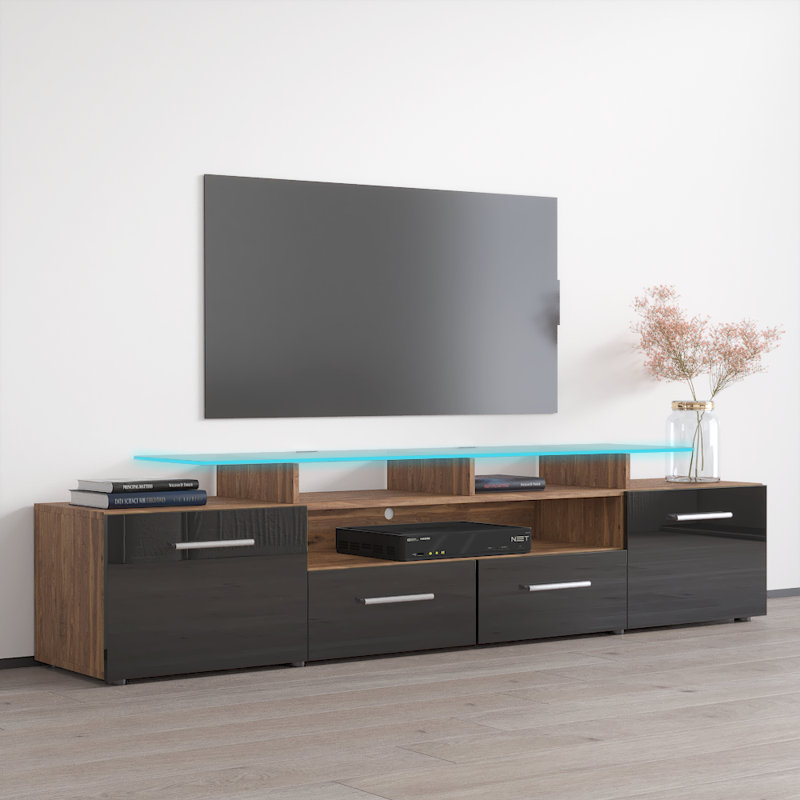 Aghancrossy 76.3" Modern TV Stand with LED Lighting, High Gloss Finish, Media Storage, Walnut/Black
