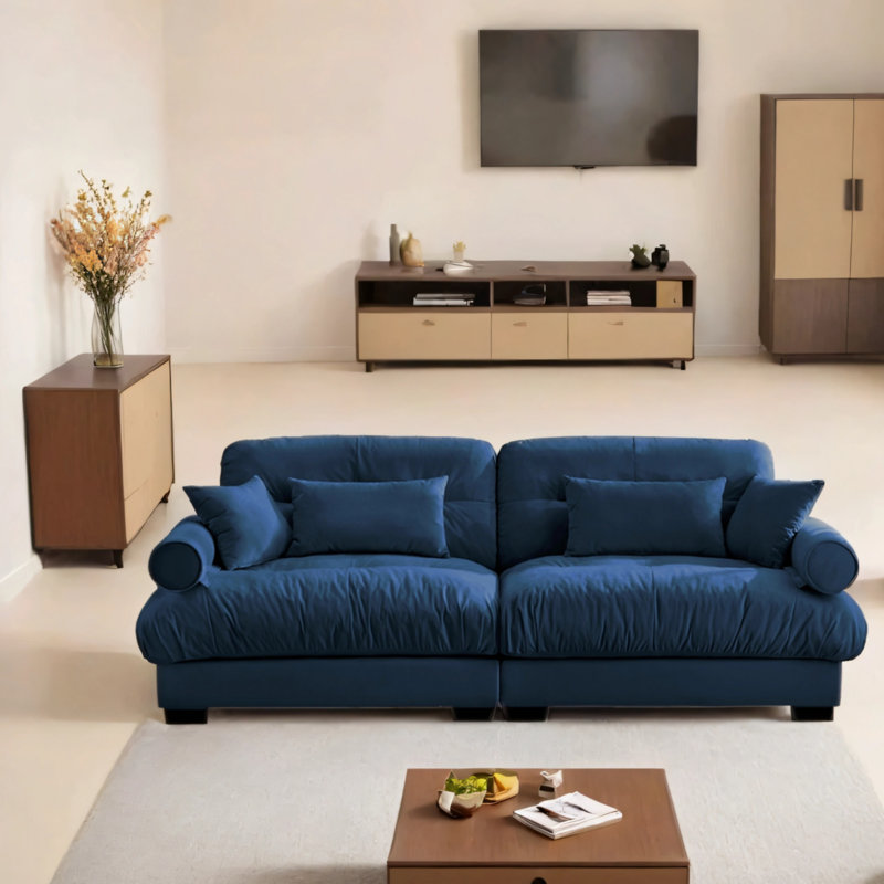 Grand canapé double en velours avec coussins lombaires et coussins avec accoudoirs renforcés, Bleu