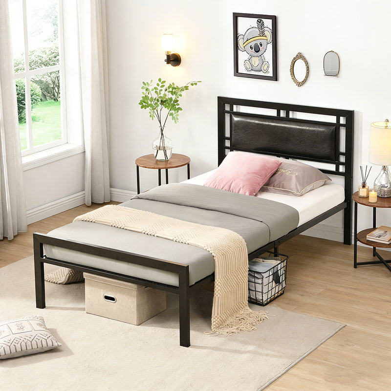 Structure de lit en métal, structure de lit simple avec tête de lit, structure stable, lattes en acier robustes supportées, rangement sous le lit, aucun sommier nécessaire