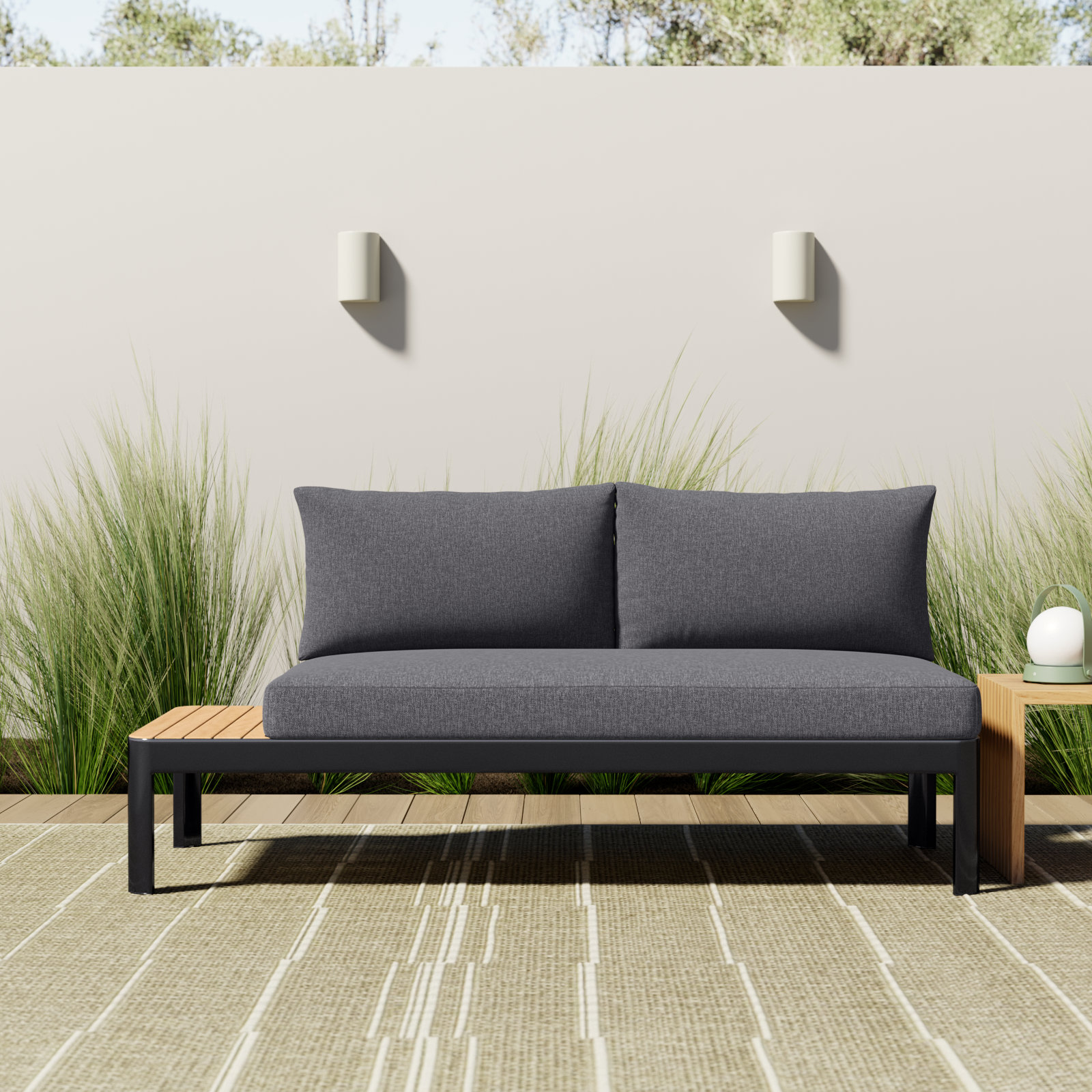Brix 68" Teak Patio Loveseat, Black Frame/Dark Gray Cushion