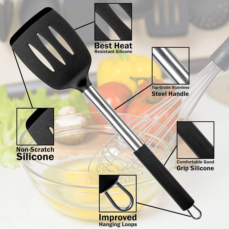 27-Piece Black Silicone and Stainless Steel Kitchen Utensils Set