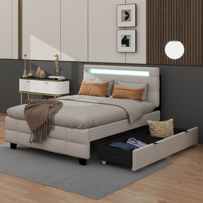Lit plateforme tapissier simple en tissu avec cadre d'éclairage DEL et 2 tiroirs