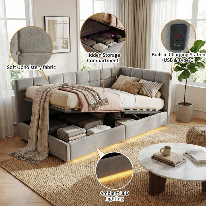 90x200cm EU Single Ottoman Daybed, Velvet Upholstered Sofa Bed with RGB LED Lights & USB/Type-C Charging, Grey / Cream, Grey