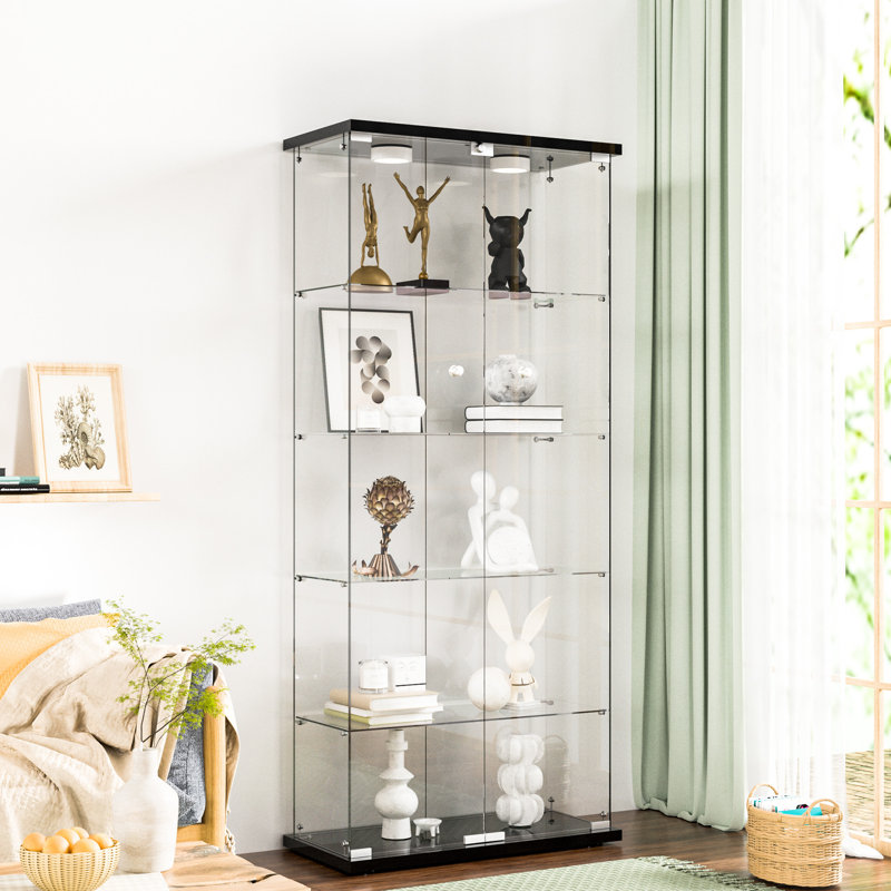 Jacquelline Tempered Glass Display Cabinet with 2 LED Lights, 5-Shelf Curio Cabinet with 2 Doors, Black