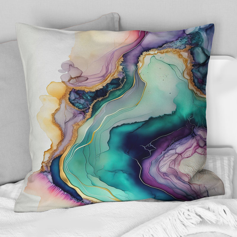 Green Purple Abstract Geode - Abstract Marble Printed Throw Pillow