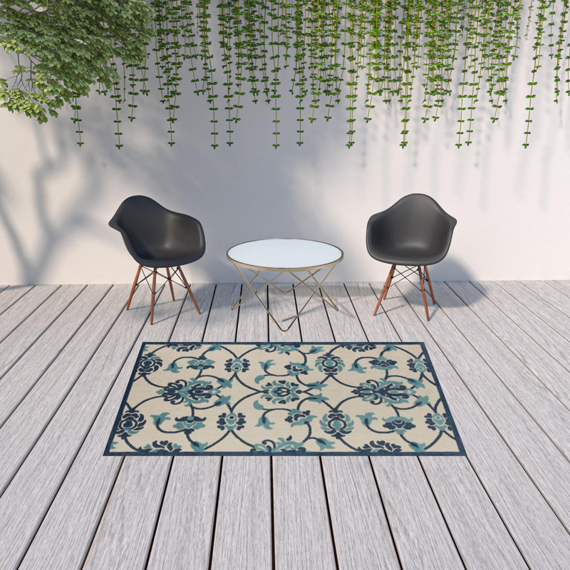 Tapis d'intérieur / extérieur tissé à la machine à motif floral damassé, Rectangle 5 pi x 8 pi