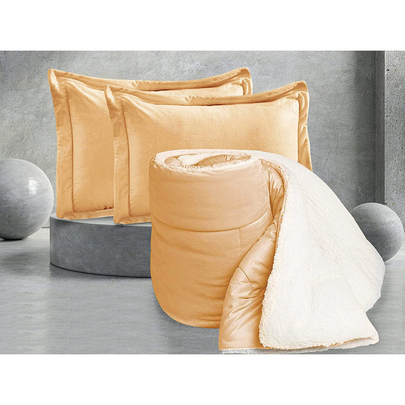 Mocassi Solid Sherpa Geometric Shapes Comforter, Camel, Twin Comforter + 1 Standard Sham