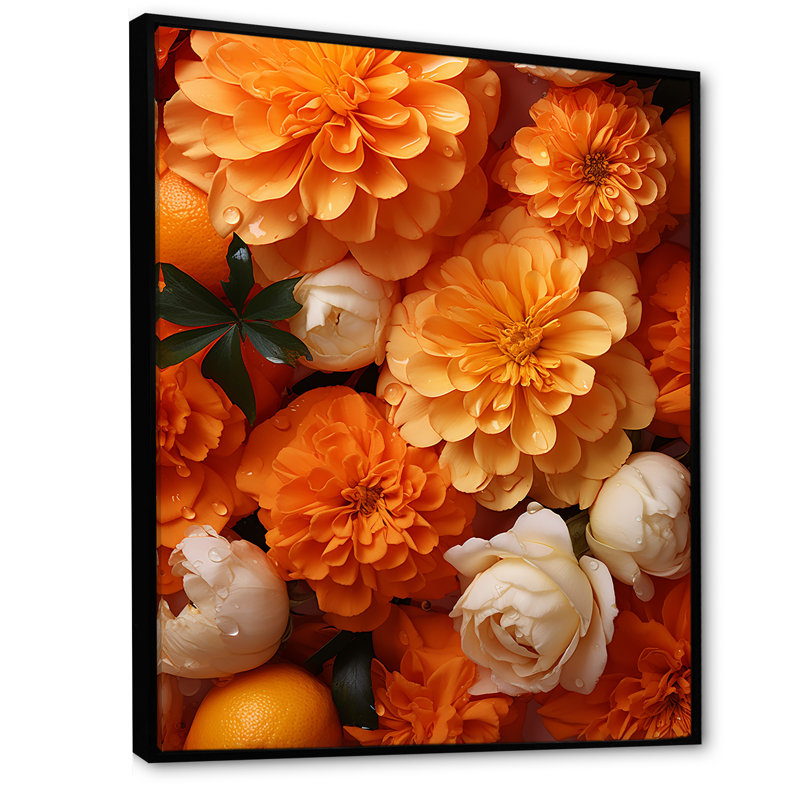 «Orange and White Marigolds Memory» dévoilé sur toile, Cadre flottant noir, H 20 po x l 12 po x P 1 po