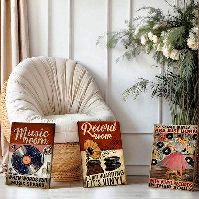3PCS Wall Arts Posters Framed, Vintage Music Room Decorative Canvas Wall Art Set of 3, Retro Vinyl Record Gramophone Prints, Music Lover Gift for Living Room Bedroom Studio, Nostalgic Music Quote Artwork Home Decoration