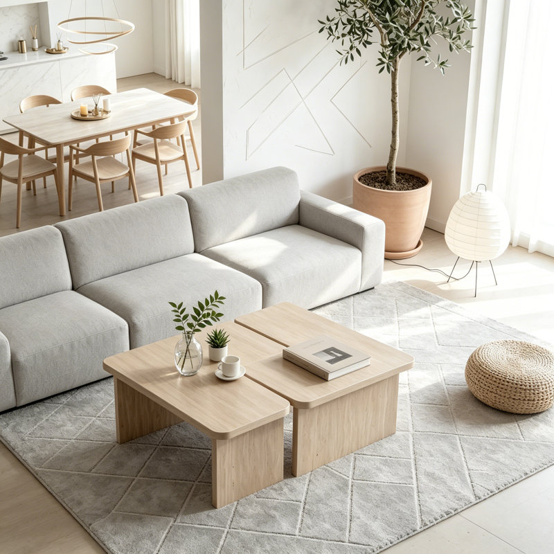 Ensemble de 2 tables basses modulaires en travertin, ensemble de tables gigognes en forme de L et de coin, Beige