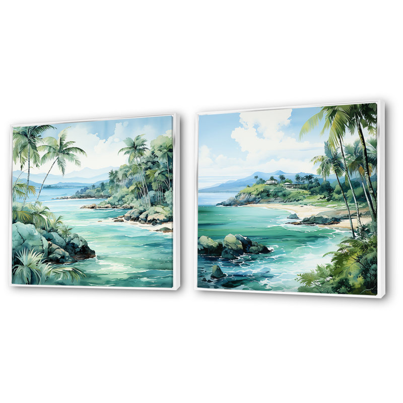 Tropical Beach Escape I - ensemble de 2 reproductions d'art mural bord de mer tropical, Cadre flottant blanc