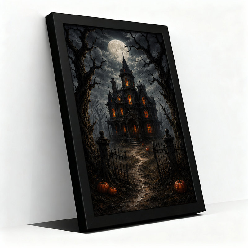 Art mural sur toile Spooky Gothic House Under Full Moon And Pumpkins, H 24 po x l 16 po