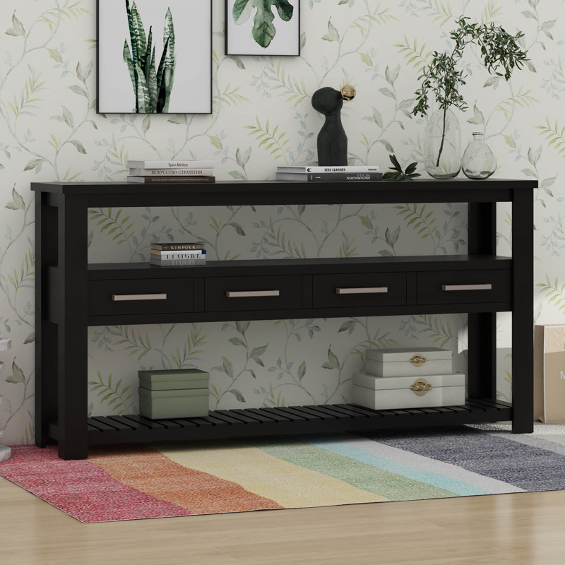 Table d'appoint moderne avec tiroirs et tablettes ouvertes Modern Console Table, Noir
