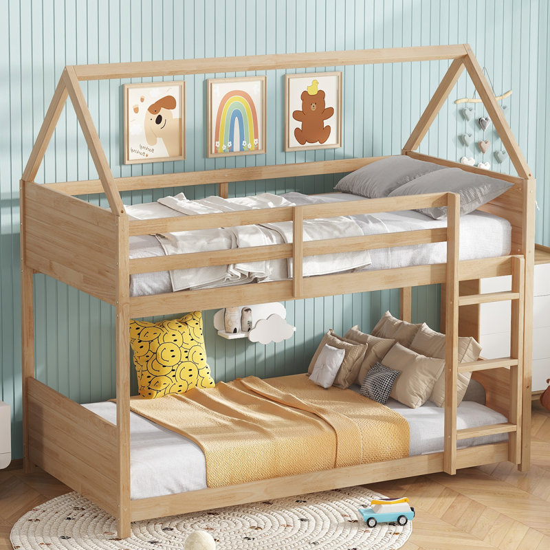 Lit superposé au sol avec tête de lit, pied de lit et garde-corps, échelle, lit superposé en bois d'hévéa House