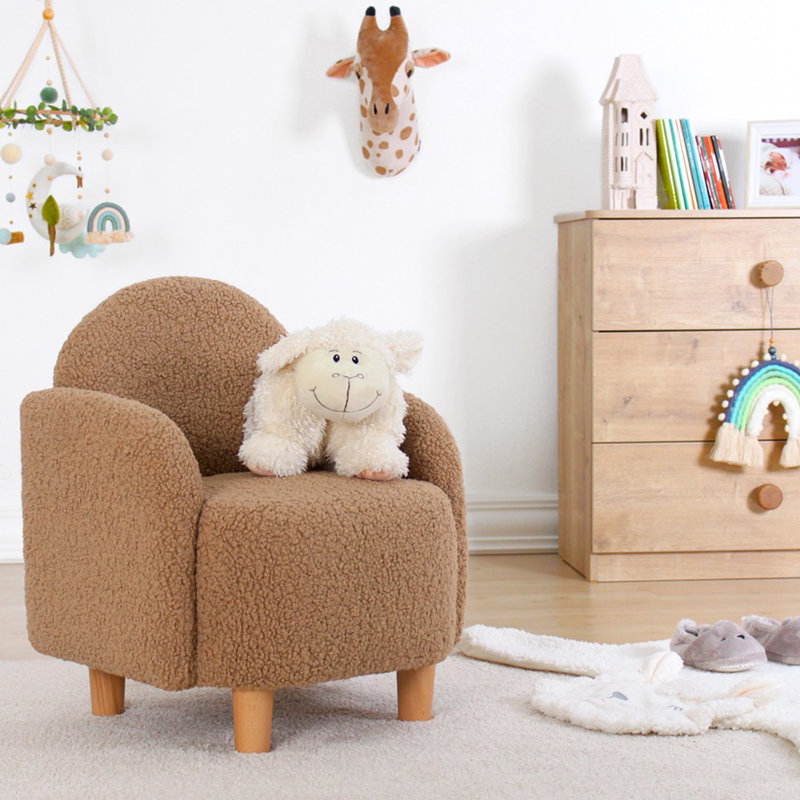 Kid's Wing Chair, Coffee Color, 20.1 x 18.5 x 20.9 inches | 100% Faux Fur Upholstery, 2.8 in Orthopedic Sponge for Comfort | Sturdy Wooden Legs, Bohemian & Scandinavian Design, Perfect for Playrooms & Bedrooms