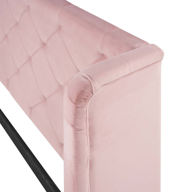 Grand lit plateforme en velours avec un grand tiroir, Rose