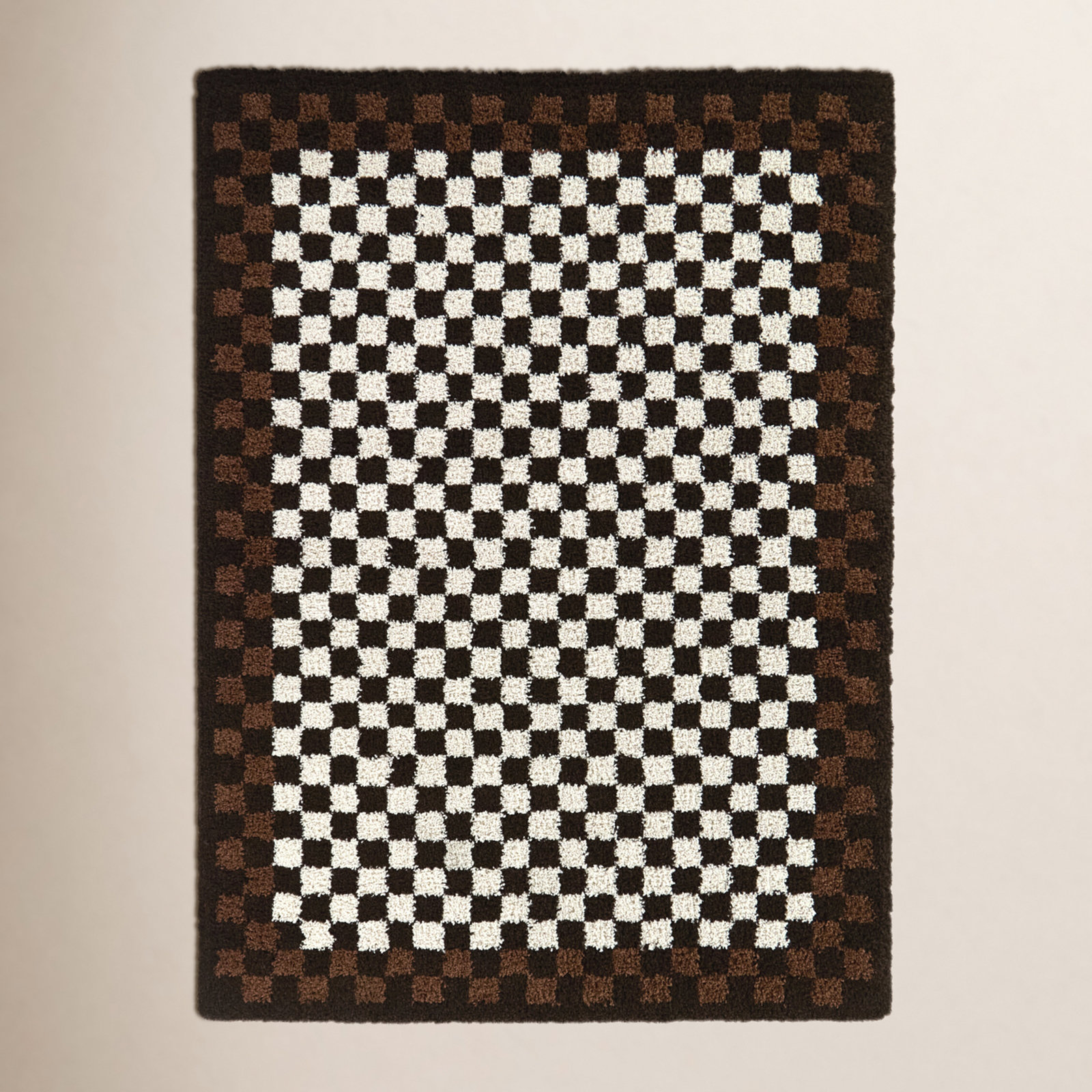 Joshuah Brown Cream Checkered Shag Rug, Rectangle 7'10" x 10'