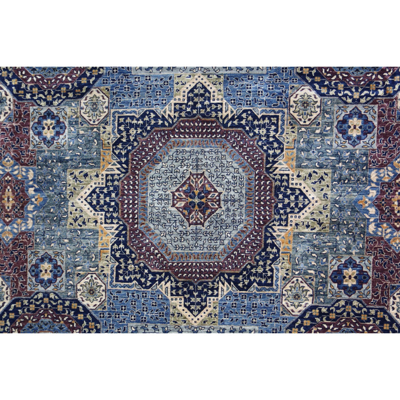 Tapis gris et bleu noué à la main de haute qualité