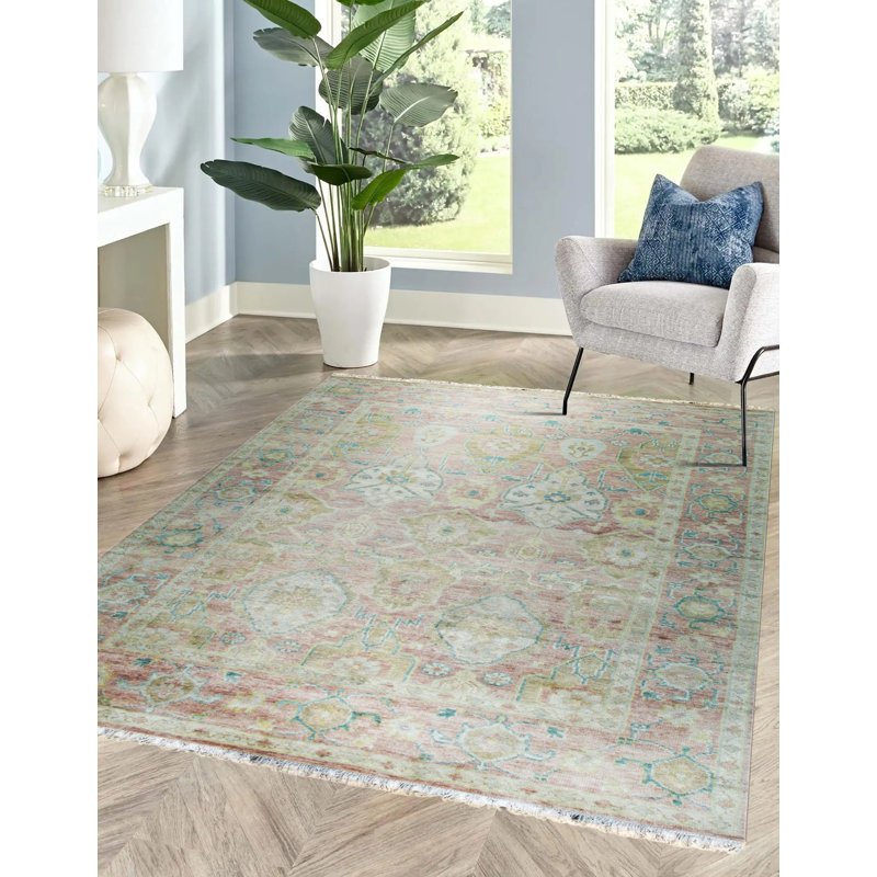 Tapis oriental en laine noué à la main rose Timeless Oushak, Rectangle 9 pi x 12 pi