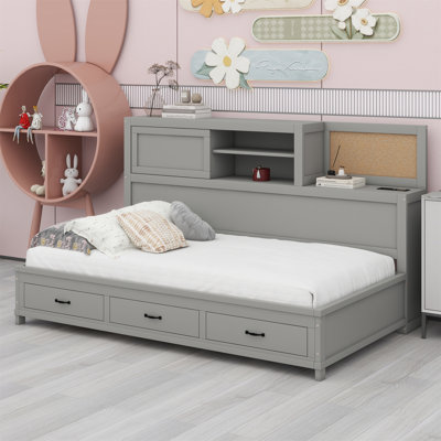 Wooden Daybed With Storage Drawers, Upper Soft Board, Shelf, And A Set Of Sockets And USB Ports