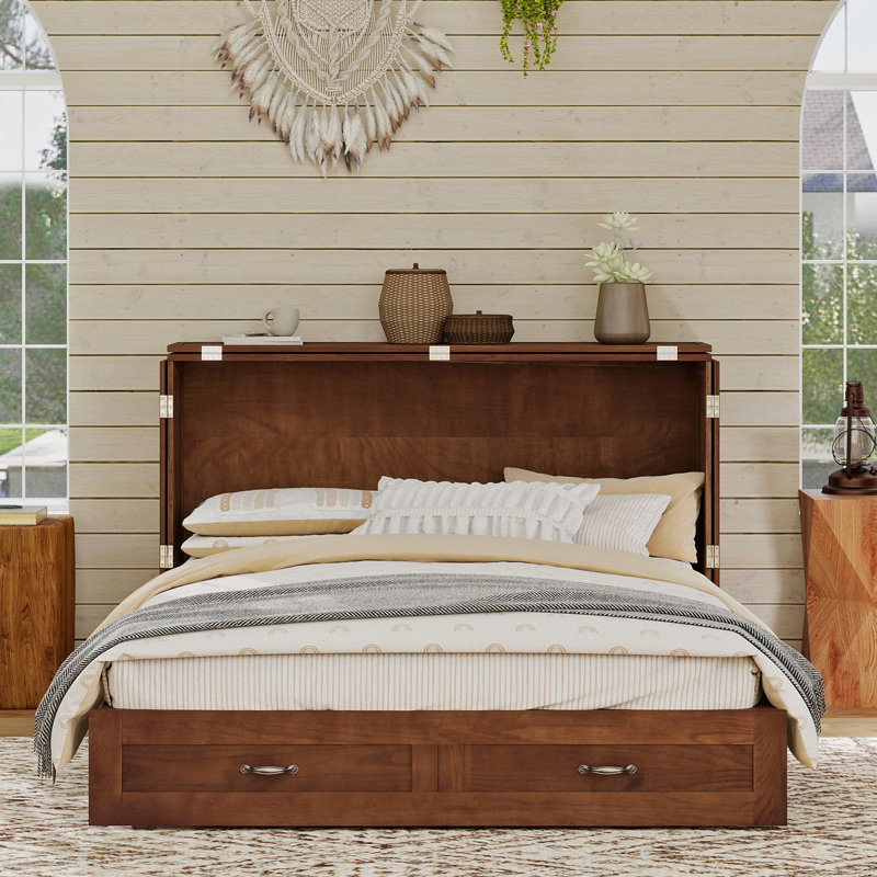 100% Solid Wood Murphy Bed Chest With Drawers, Famhouse Style Murphy Bed Queen With Built-in Charger For Bedroom, Black