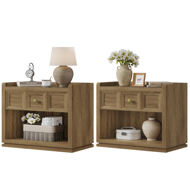 Tables de chevet l 30,7 po Helio avec 1 tiroir et 1 armoire de rangement ouverte, H 25 po x l 30,7 po x P 15,4 po, Naturel