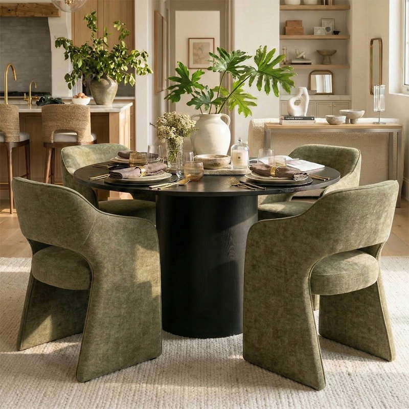 Ensemble de table de salle à manger pour 4 personnes avec table ronde et 4 chaises rembourrées en tissu, Vert sauge, Noir