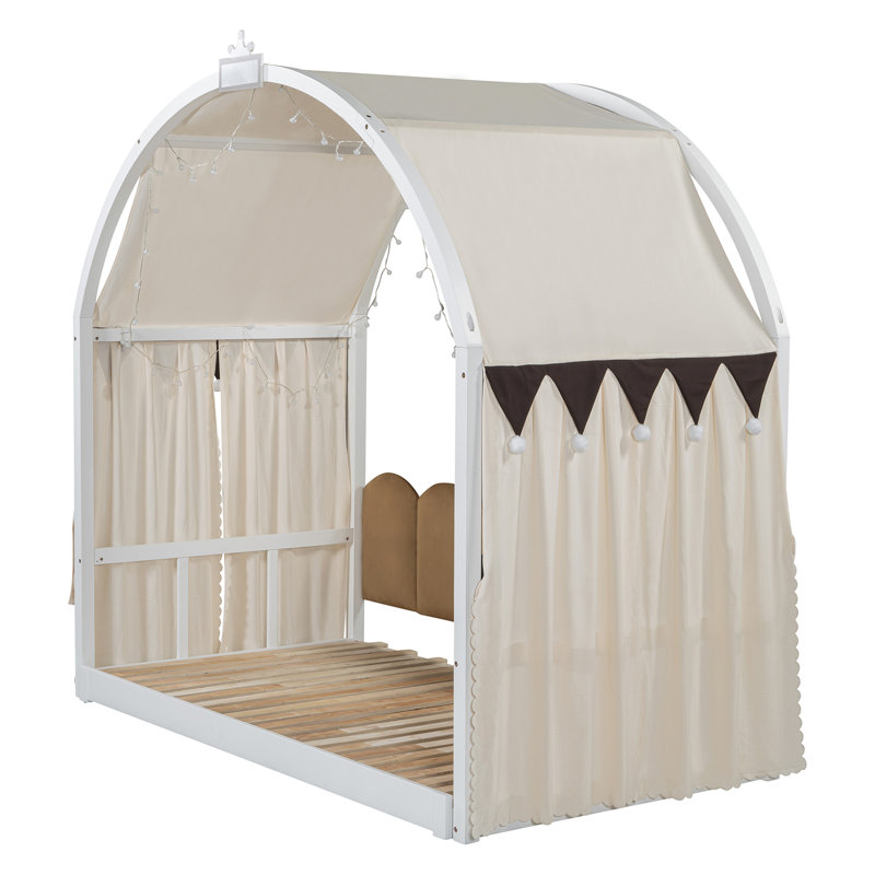 Lit simple allongé avec toit arqué et lit gigogne, Blanc