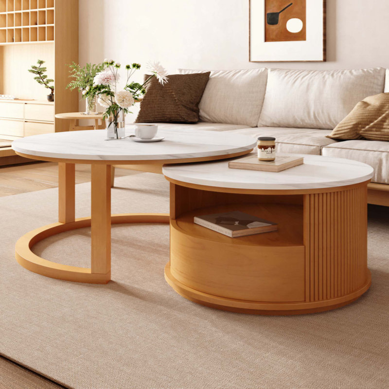 Table basse ronde gigogne avec plateau en marbre blanc, rangement à 2 niveaux et 1 tiroir