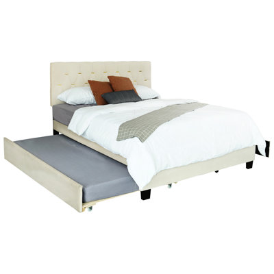 Grand lit gigogne beige avec deux tiroirs et une tête de lit tapissier, sans sommier, support à lattes de bois, cadre en velours avec rangement, lattes, configuration