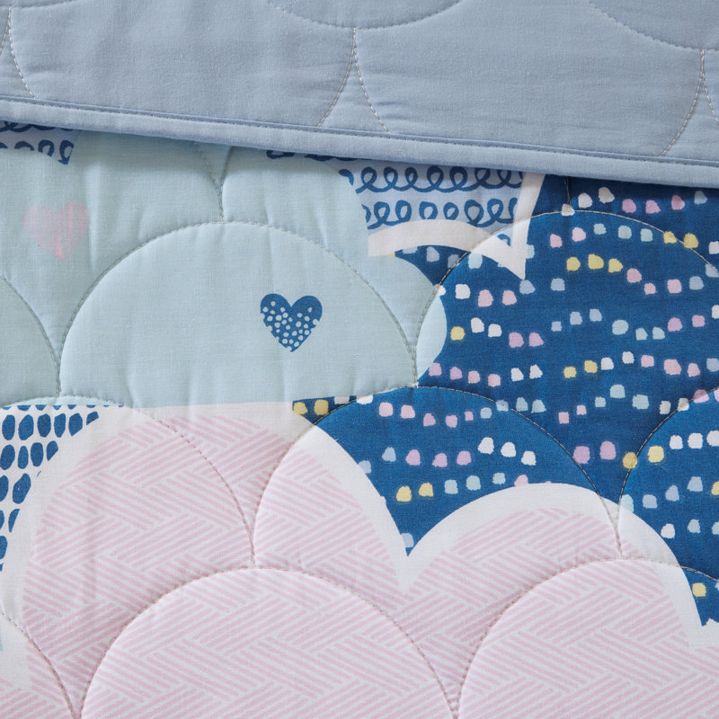 Blue Twin Cotton Reversible Fantasy Coverlet Set with Throw Pillows