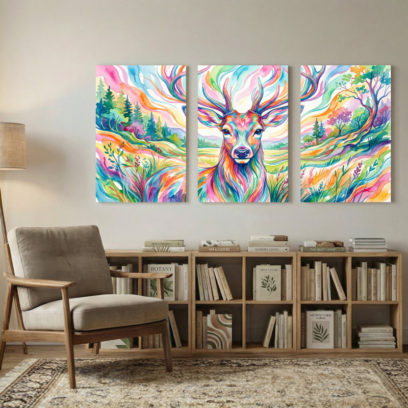 Animaux, forêt de cerfs colorés, ensemble de 3 reproductions d'art sur toile, H 18 po x l 36 po
