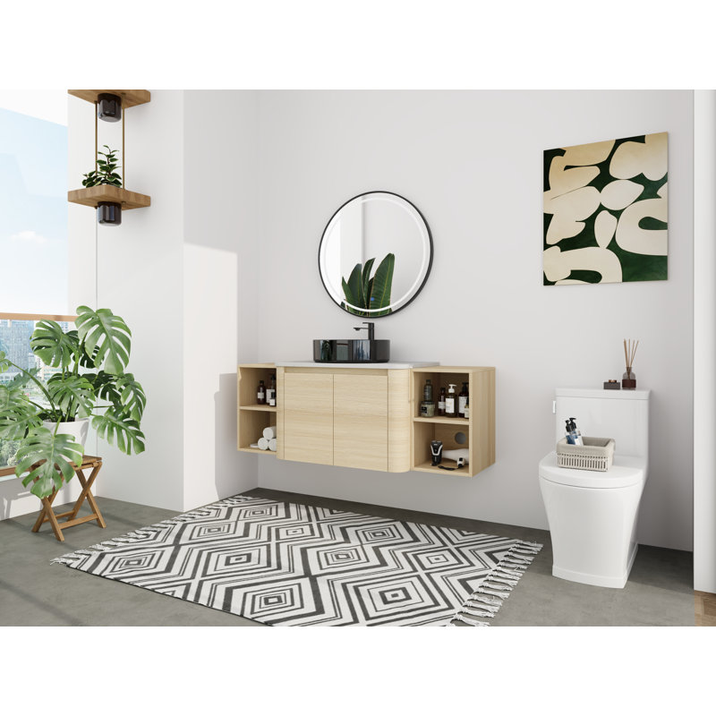 Meuble-lavabo double 54 po (pleine longueur) 54 po - 5 options de couleur de lavabo (motifs blanc / noir / marbre) + armoire en bois clair (type E)
