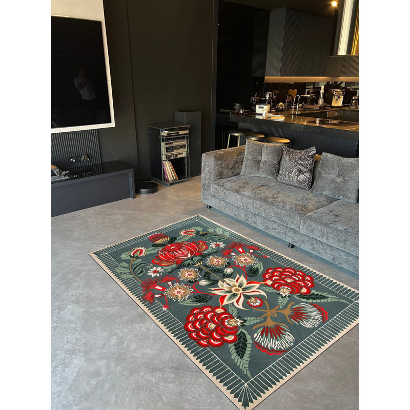 Tapis multicolore à motif floral vert et rouge, Tapis de couloir 3 pi 3,37 po x 9 pi 10,11 po