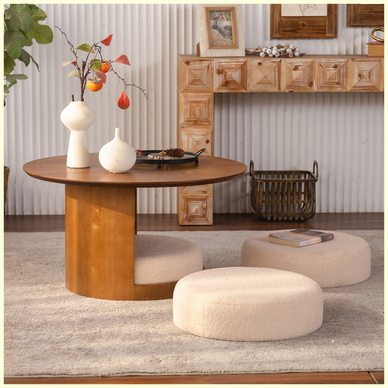 Ensemble de tables basses 31,5 "rondes en bois de style campagnard avec 3 tabourets gigognes en tissu Teddy, table centrale multifonctionnelle avec rangement caché pour le salon