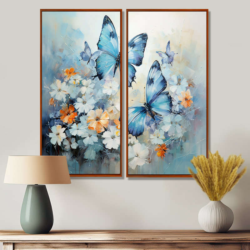 «Blue White Butterfly Symphony», ensemble d'art mural bleu, H 20 po x l 24 po, Reproduction encadrée sans passe-partout, Brun